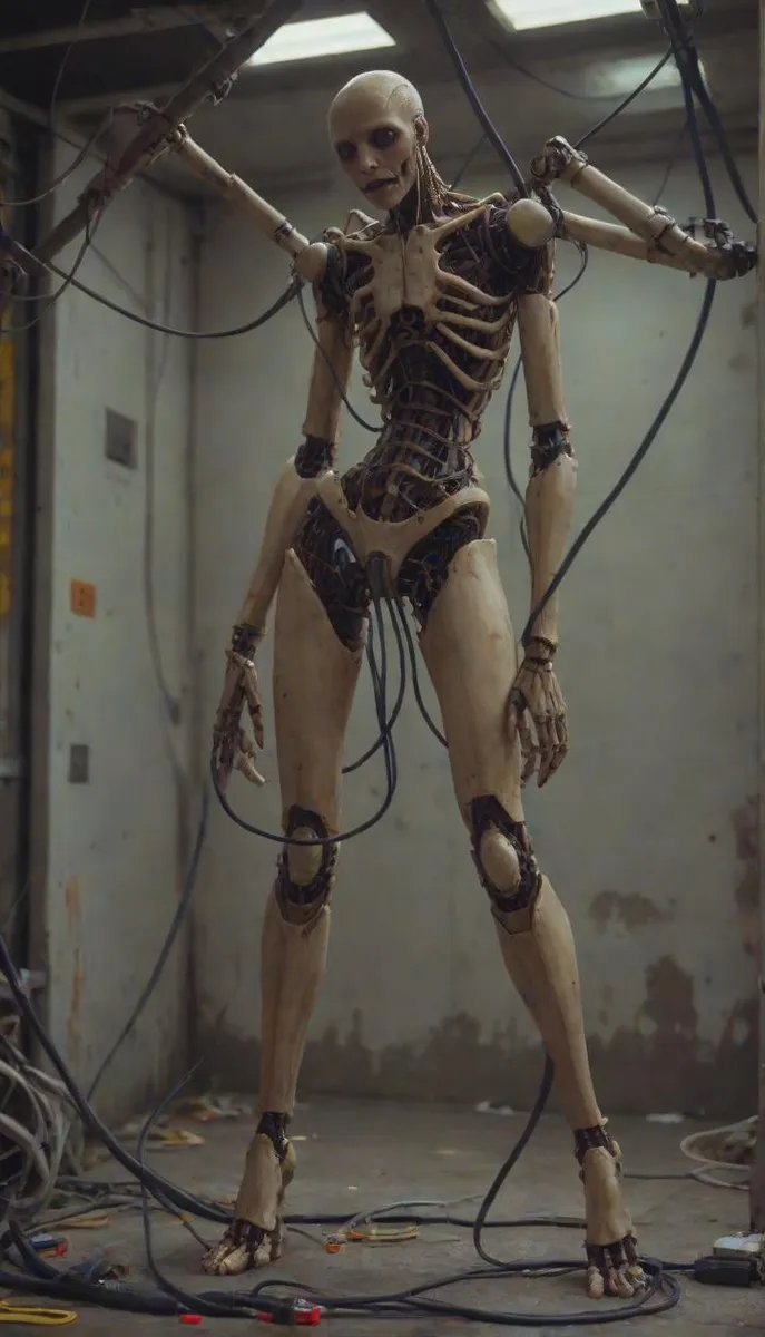 Creepy mechanical humanoid with extra limbs and cables.