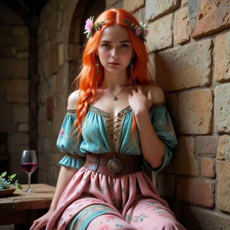 A female bard with colorful hair and clothing sits in a medieval inn.