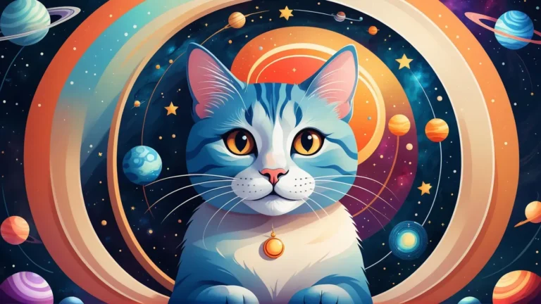 抽象的なマンダラとともに科学的な深宇宙ラボで瞑想している笑顔の猫。周囲には星や惑星、銀河の要素が柔らかい色で描かれている。