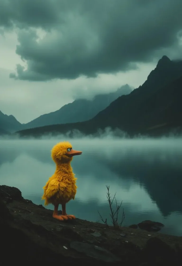 A yellow bird puppet stands beside a misty lake, surrounded by mountains and dark clouds, creating a melancholic atmosphere.