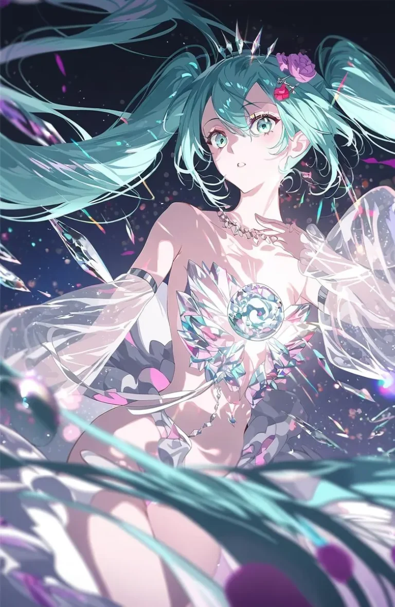 初音ミクが氷のプリンセスとして透けて見える袖と精巧なジュエリーでスタイリングされ、シネマティックライティングで照らされています。