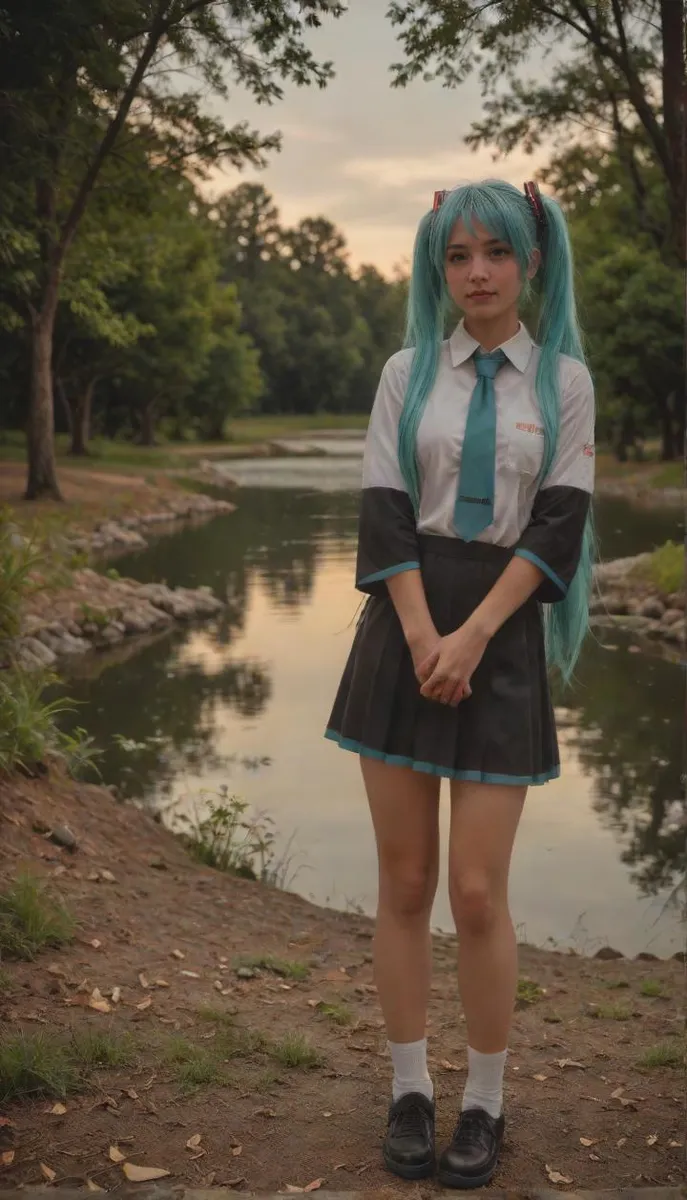 Full-body image of Hatsune Miku with long turquoise pigtails, wearing a school uniform, standing by a night lake.