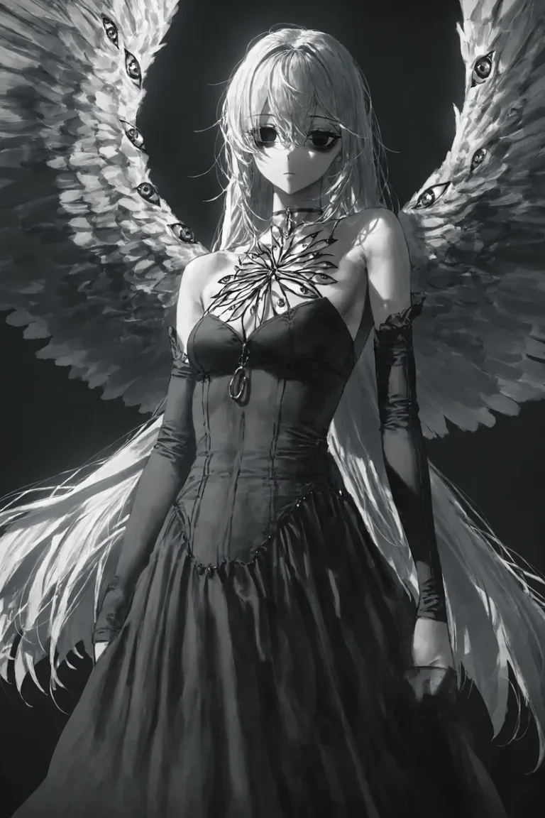 A monochrome illustration of a figure with large, feathered wings adorned with extra eyes, wearing a black dress with detached sleeves.