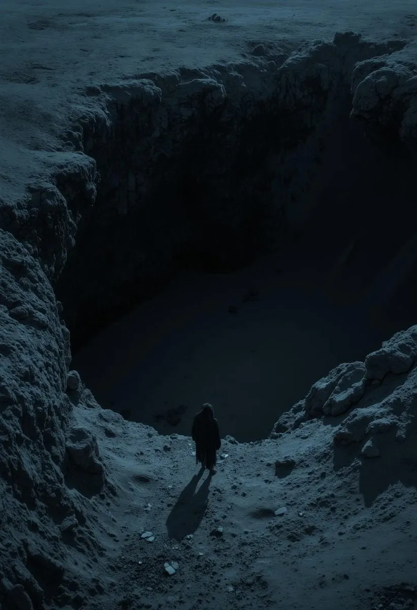 Aerial view of a person standing on a crater edge, looking into a dark abyss where an eerie monstrous face emerges.