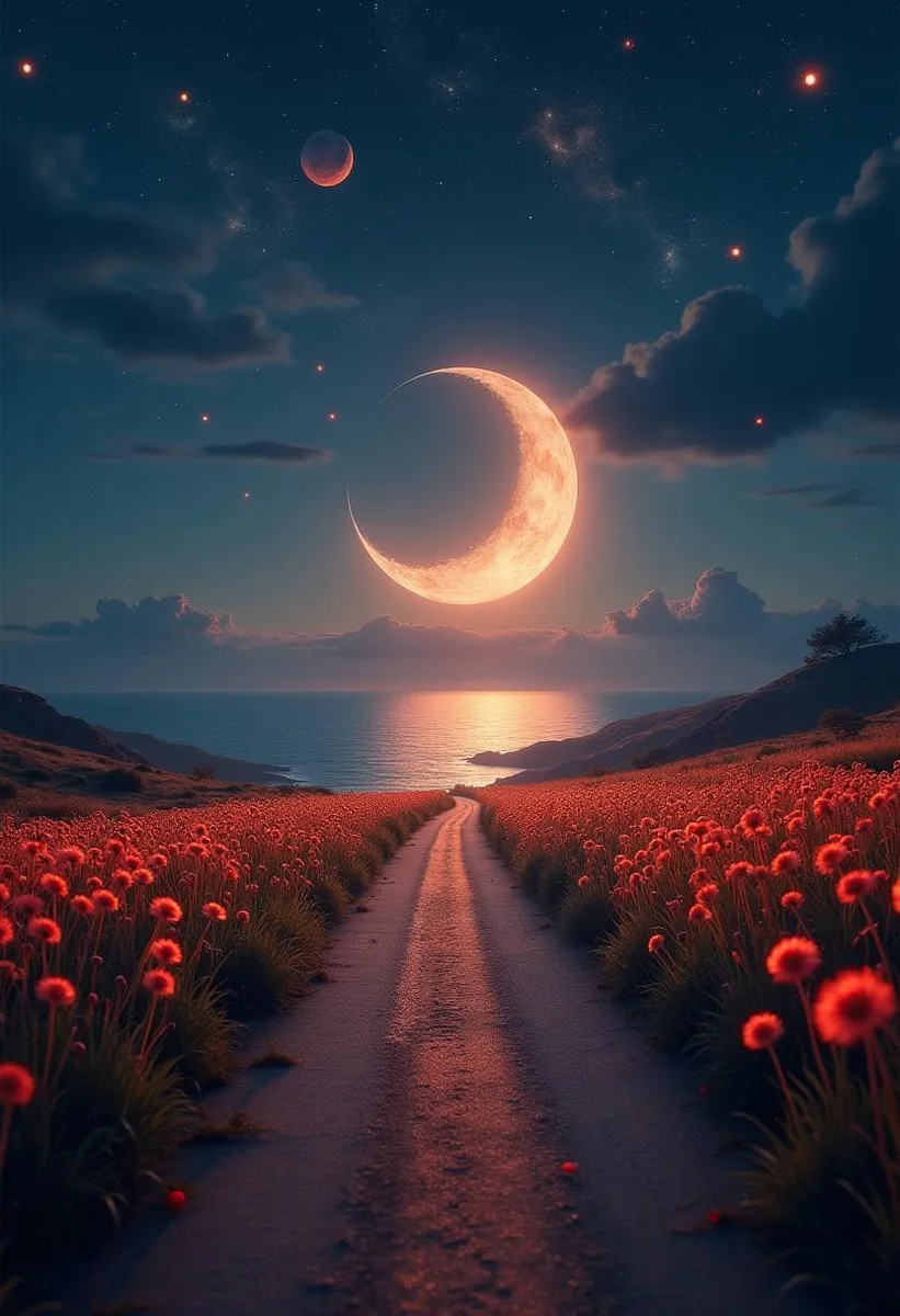 Crescent moon over a sea, surrounded by a starry sky and light red dandelion fields, with a cinematic and high-contrast aesthetic.