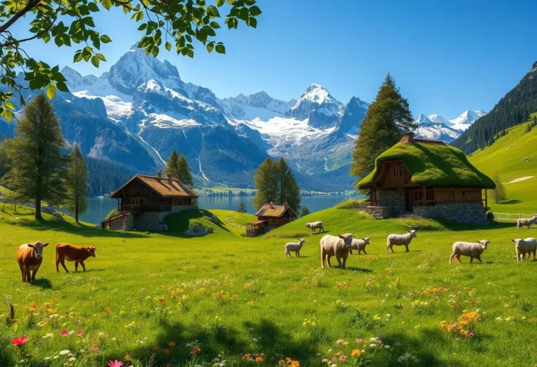 Ultra-realistic mountain scene with snow-capped peaks, clear lake, and meadow with cows and sheep.