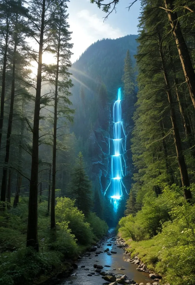 A glowing waterfall cascading in a lush forest setting with sunlight filtering through tall trees, creating an enchanted atmosphere.