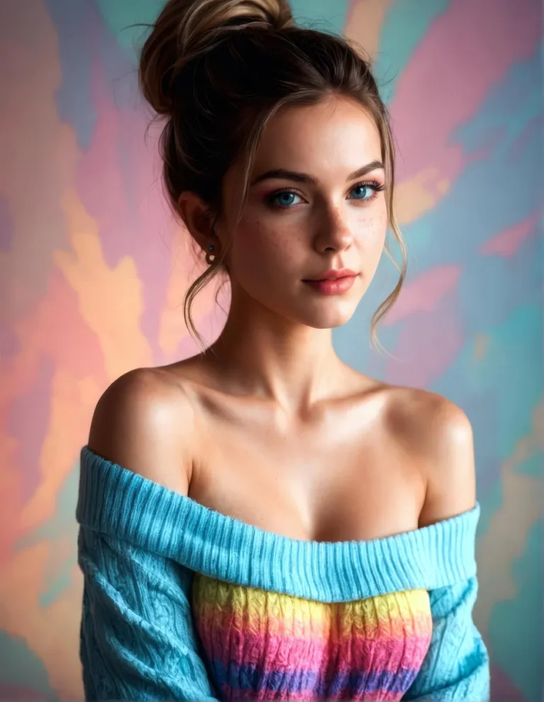 A photorealistic image of an exotic girl in an off-shoulder pastel sweater with a fading backlit background.