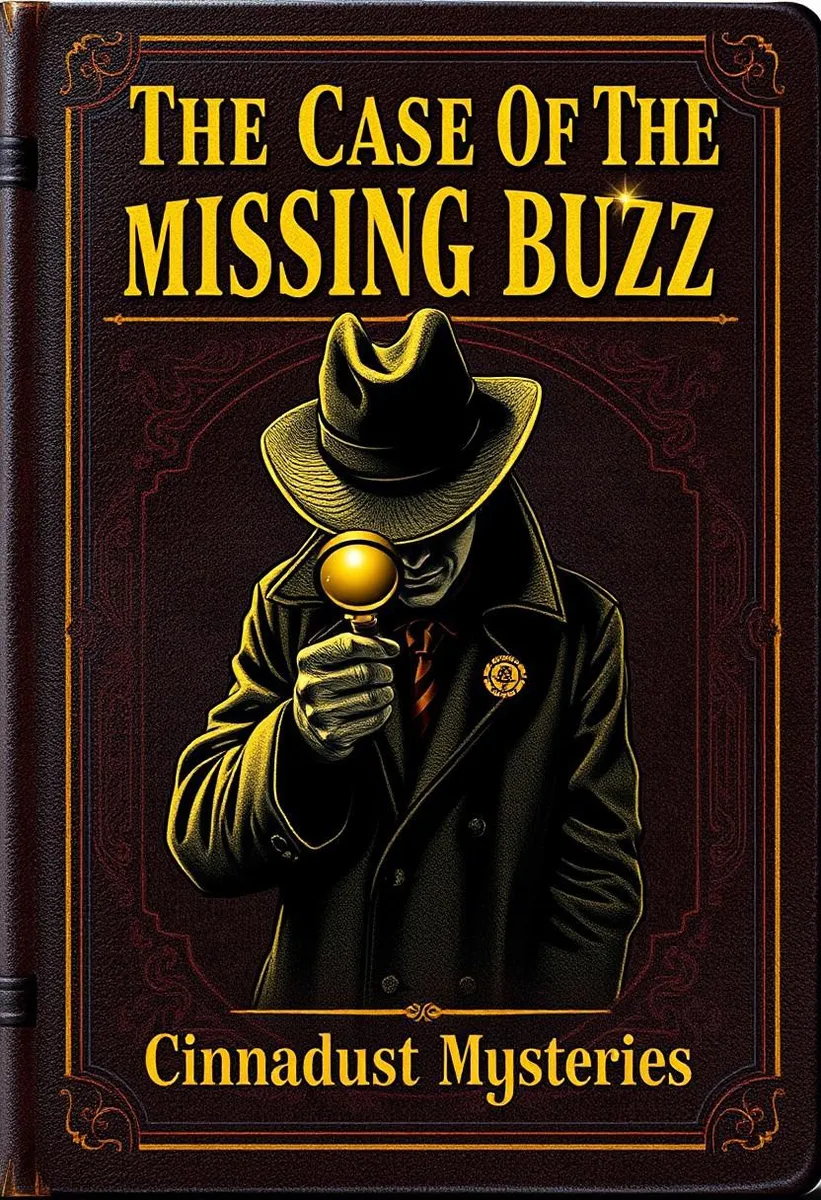 『The Case Of The Missing Buzz』というタイトルのミステリー小説の表紙で、トレンチコートとフェドラ帽を被った探偵が虫眼鏡を持っている。