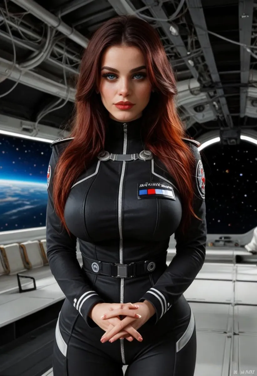 A woman in a futuristic naval uniform stands on a space ship bridge, hands clasped, gazing at a verdant planet and a distant red star.