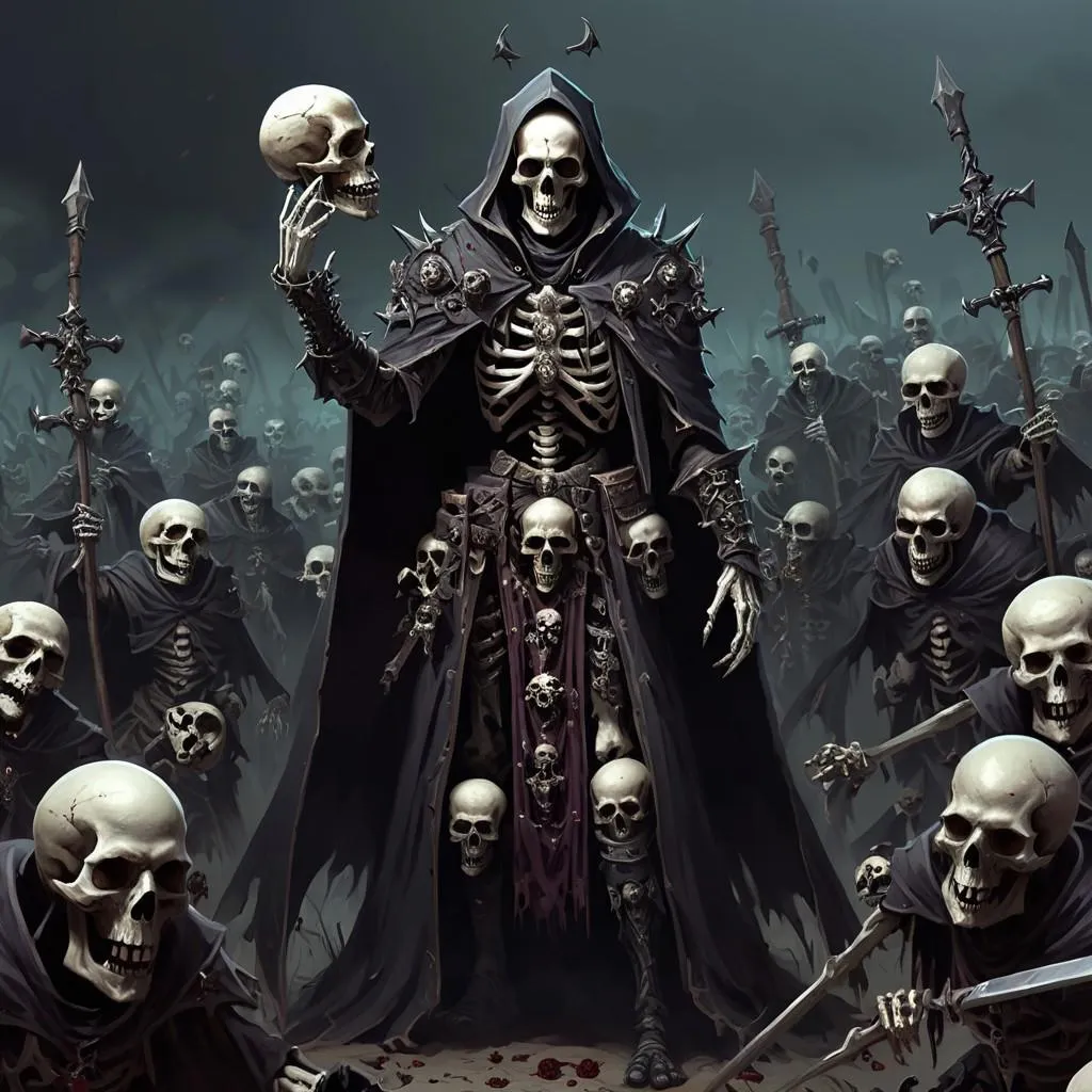 A necromancer with a skull-adorned outfit raising an undead army.