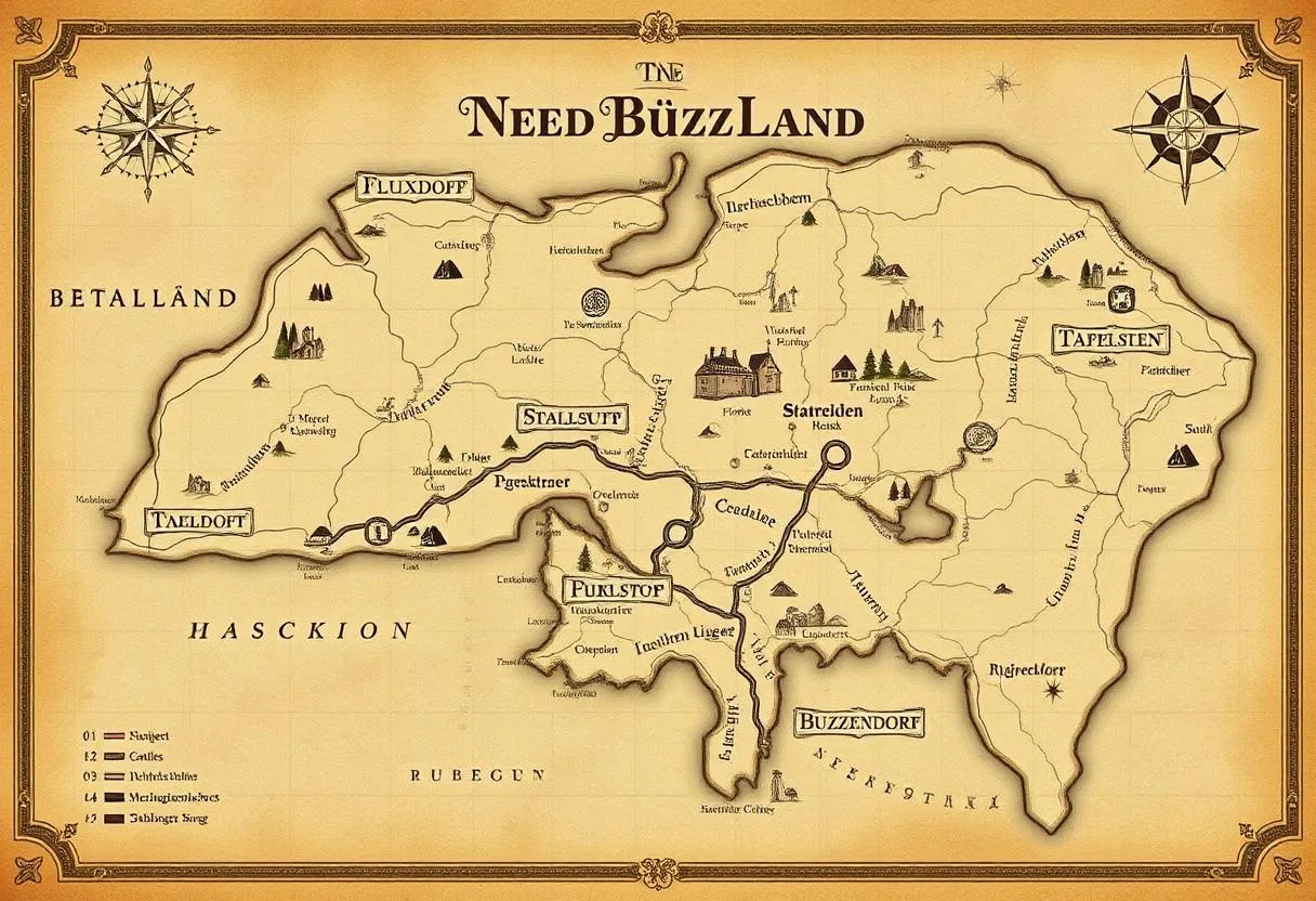 A vintage-style fantasy map of NeedBüzzLänd with decorative elements and calligraphy.