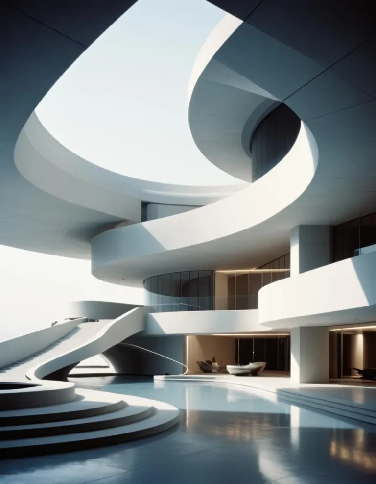 Cinematic still showcasing Neo-Futurism architecture with curves and minimalist, modern design.