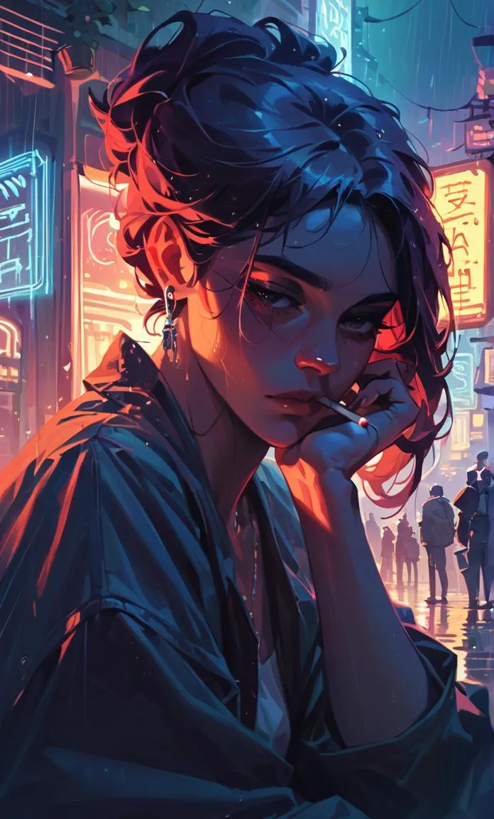 A tired lady smoking a cigarette under neon lights in a rainy, sci-fi city.