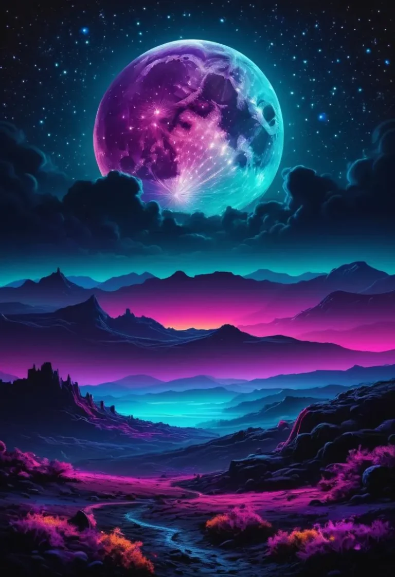 A dark landscape illuminated by neon colors and a galaxy night sky with a single large moon.