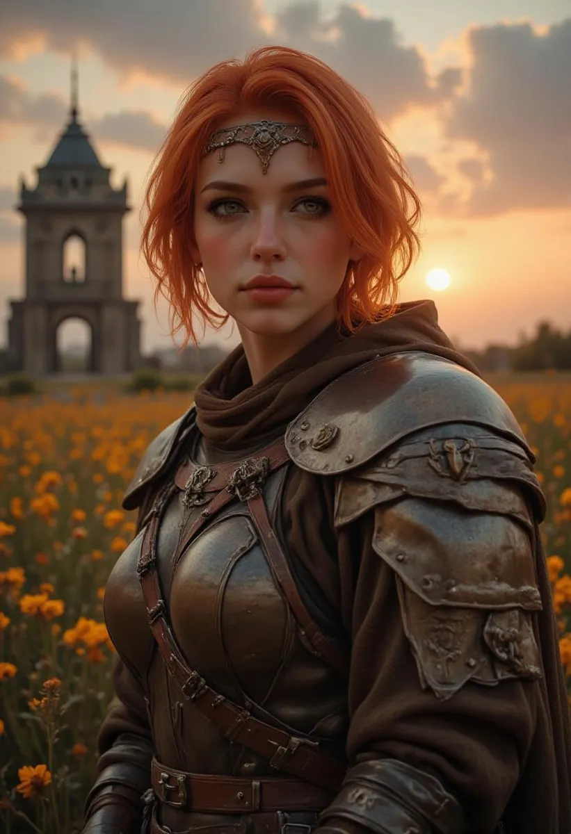 A hyper-realistic portrait of a supermodel in Nordic armor with captivating eyes, set against a sunset and ruins.