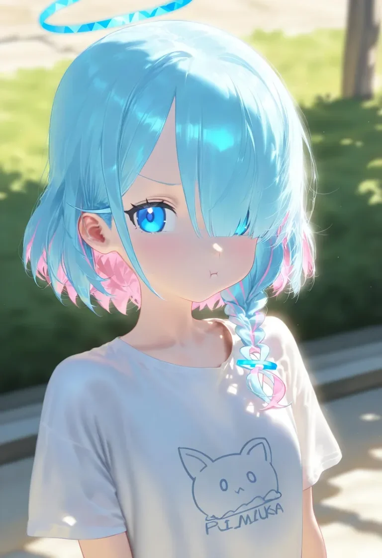 Anime girl with blue and pink hair, blue halo, wearing a white shirt.