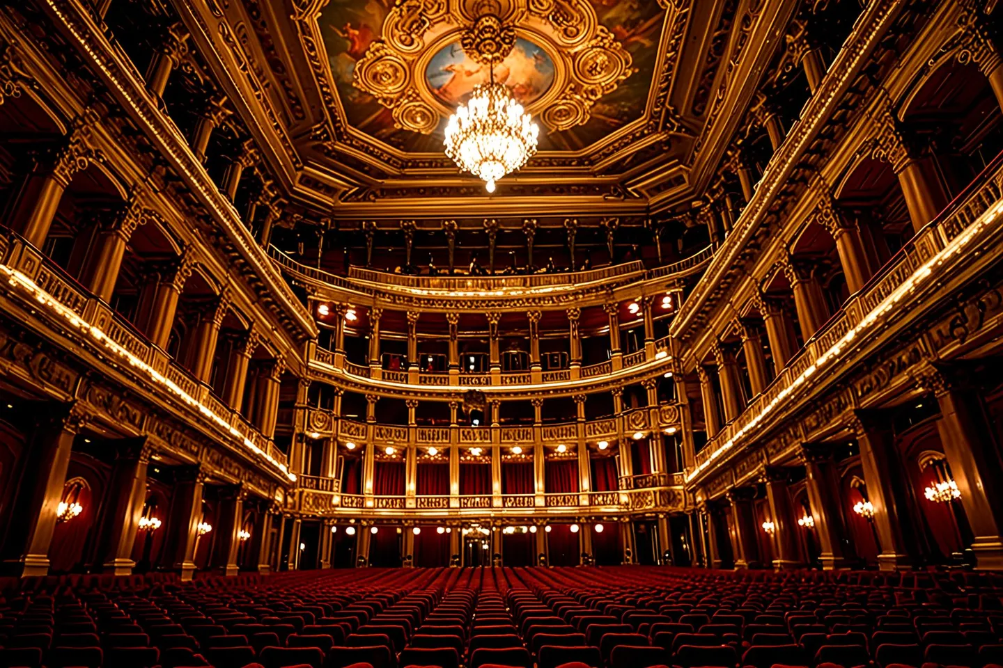 Interior of a grand opera house featuring ornate architecture and dramatic lighting.