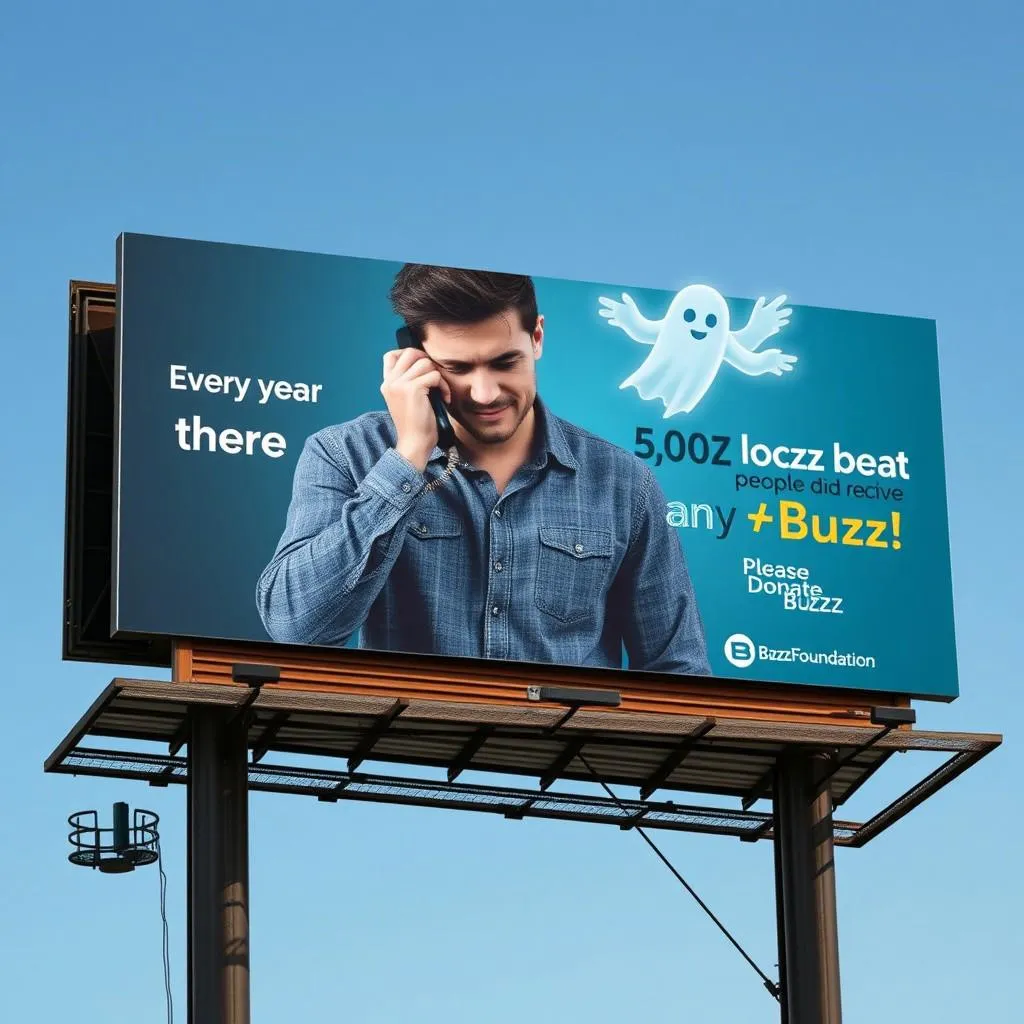 A PSA billboard showing a depressed man on the phone with a ghostly Buzz Lightning Symbol flying from the phone, featuring text urging donation to the Buzz Foundation.