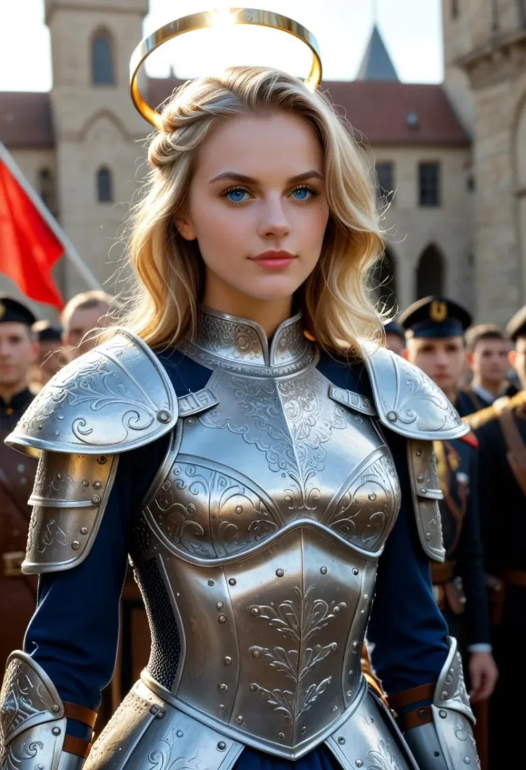 A female paladin in reflective armor in a medieval setting with her hair styled in an updo, surrounded by military figures.