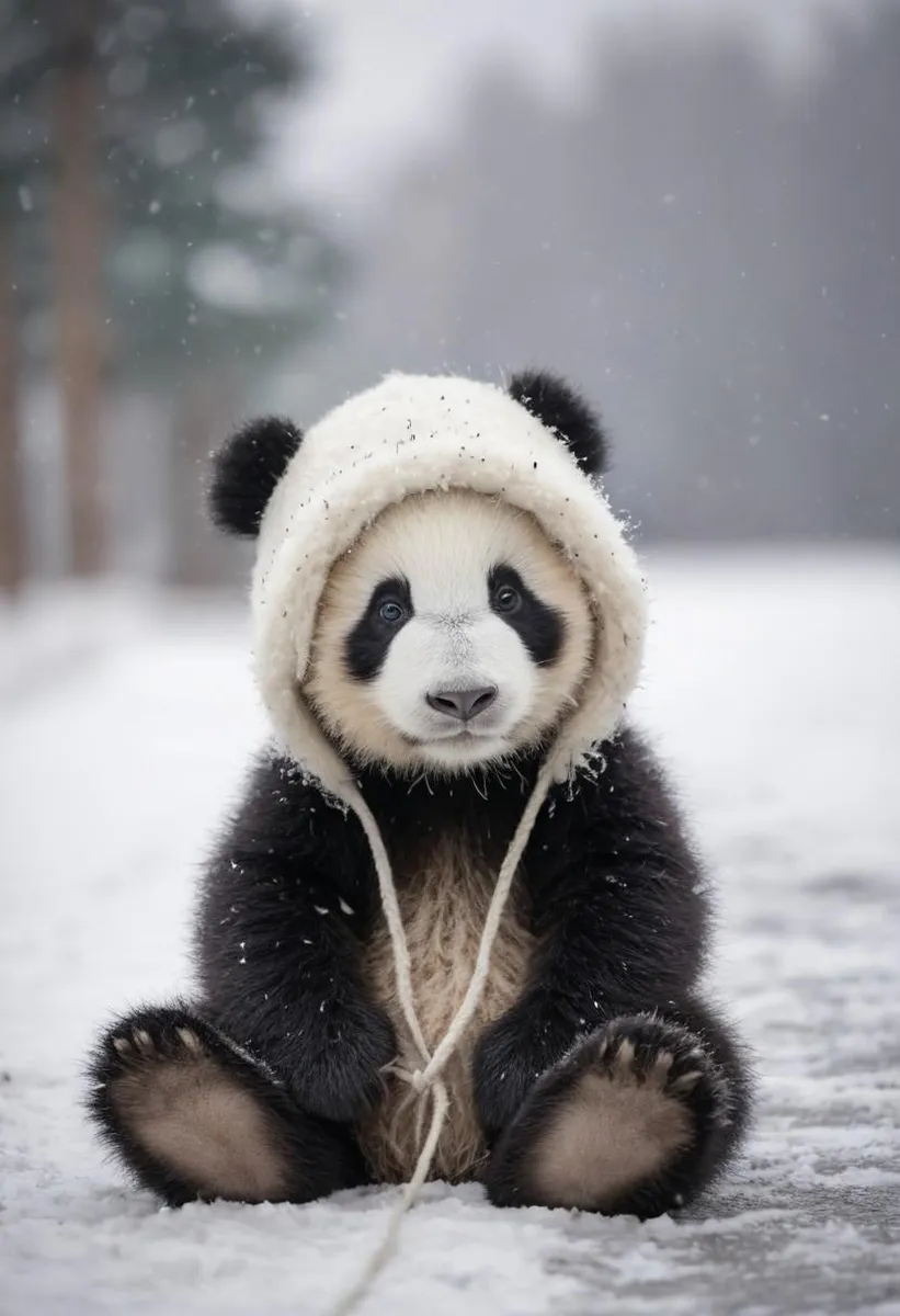 冬の帽子をかぶって雪の歩道に座っている赤ちゃんパンダのクローズアップ。