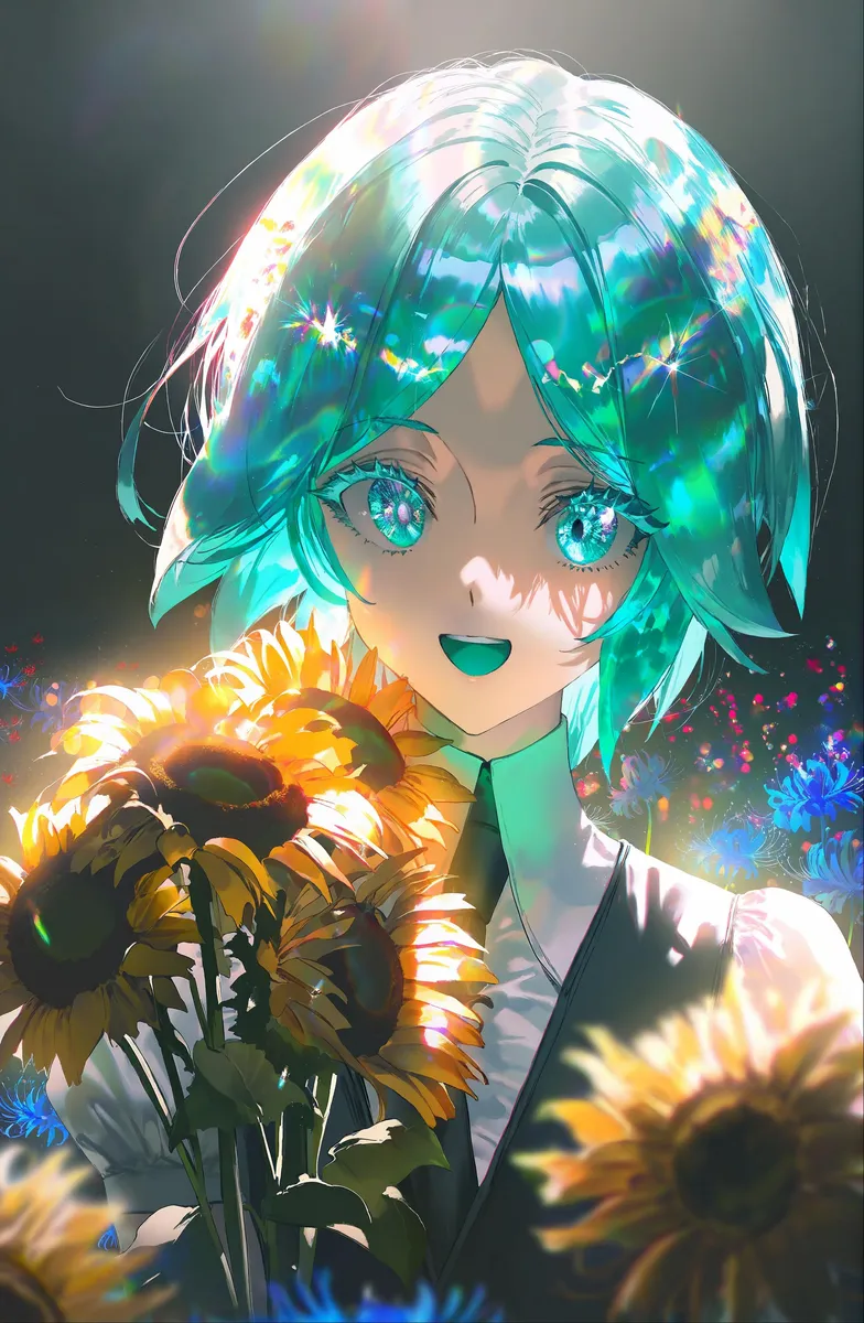 Phosphophyllite from Houseki no Kuni holds sunflowers, surrounded by cinematic lighting with colorful reflections and detailed features.