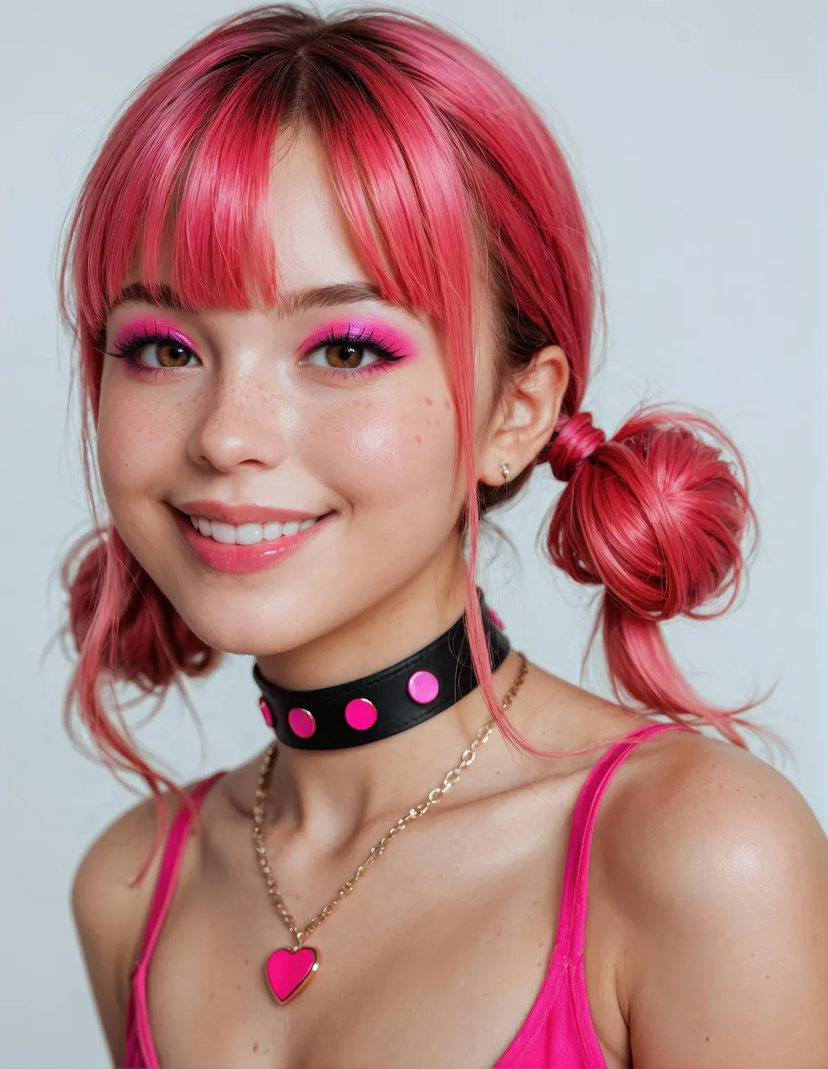 Side view of a smiling girl with pink hair in pigtail buns, vibrant makeup, wearing a choker and necklace.