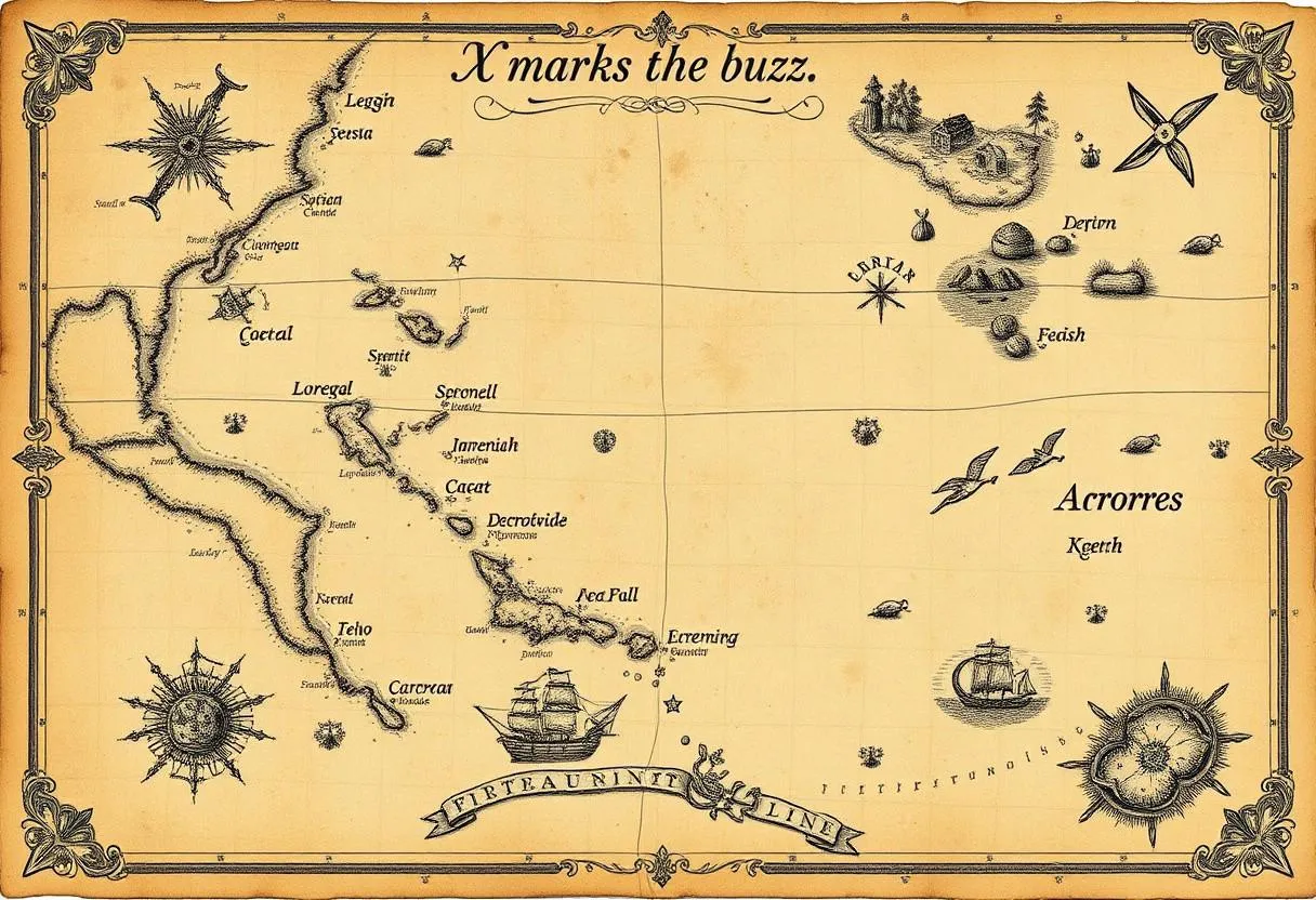 Ornate pirate treasure map featuring Caribbean islands and maritime icons.