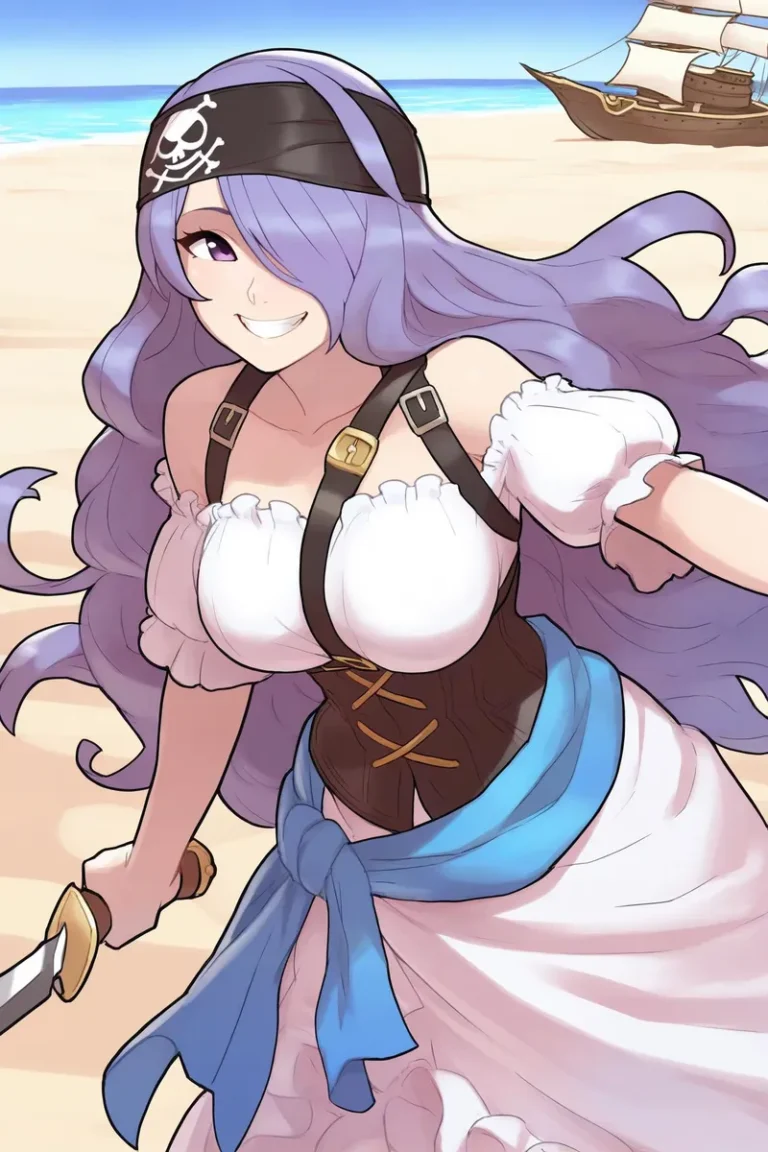 Anime-style pirate girl with lavender hair on a beach holding a sword, winking and grinning with a pirate ship in the background.