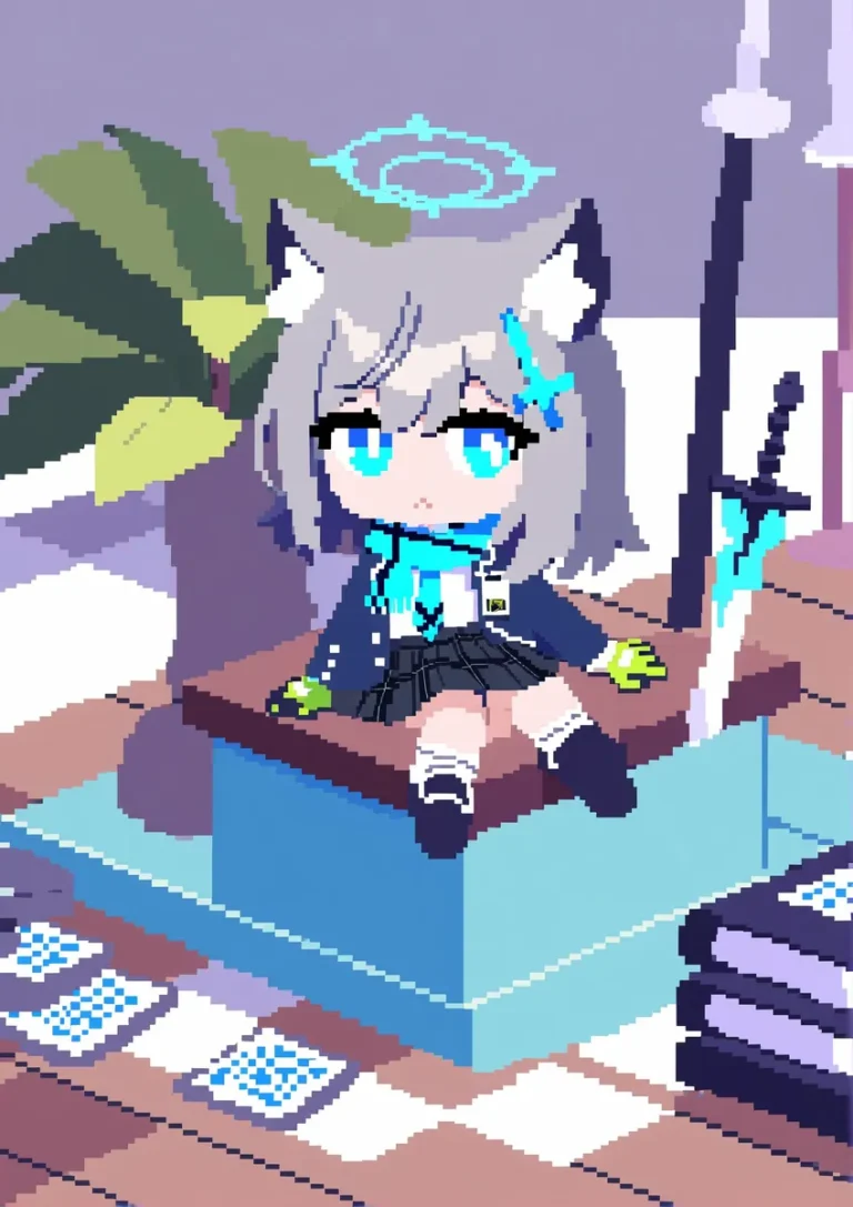 Pixel art of chibi Shiroko from Blue Archive with a sword on an isometric grid.