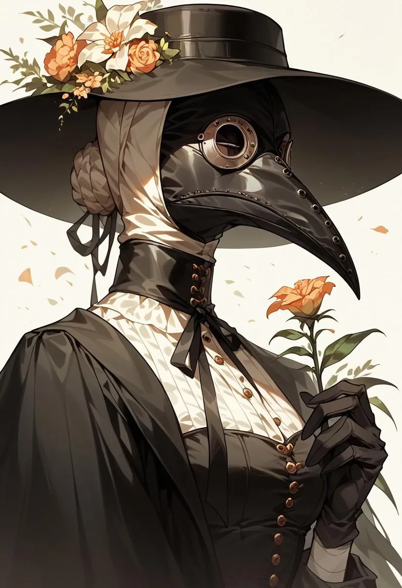 Digital art of a plague doctor in a hat with flowers, wearing a mask, holding a flower.