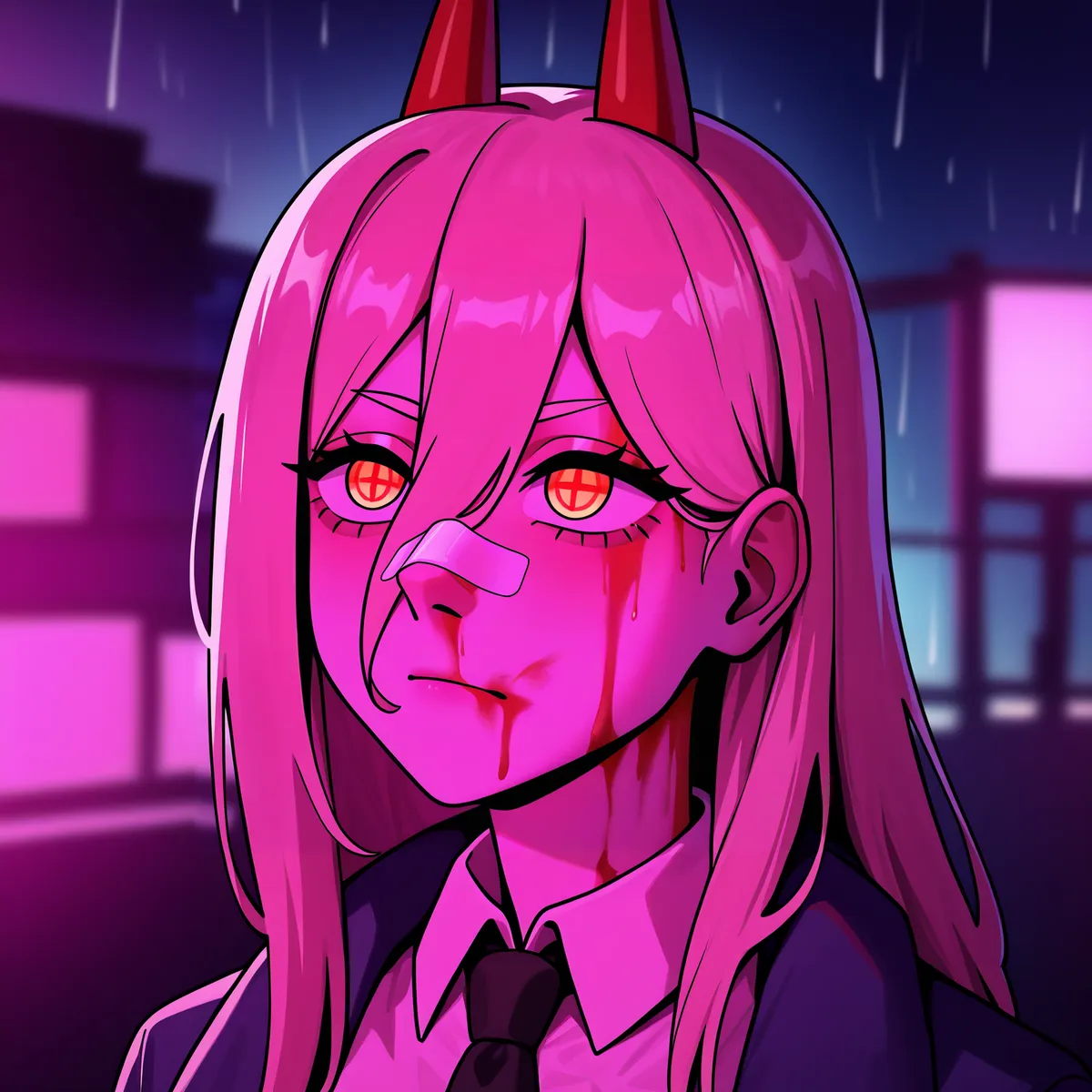 Anime portrait of a girl with red horns and pink lighting.