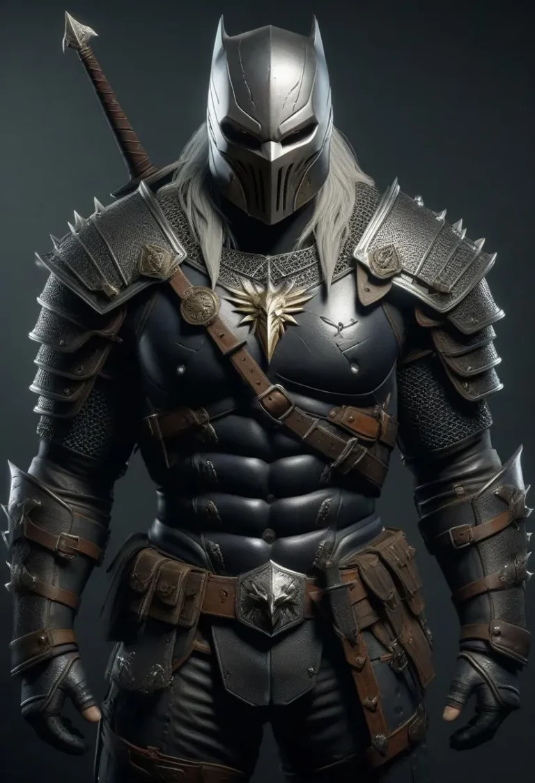 Predator wearing Geralt's Witcher 3 armor with Batman mask and swords on back.