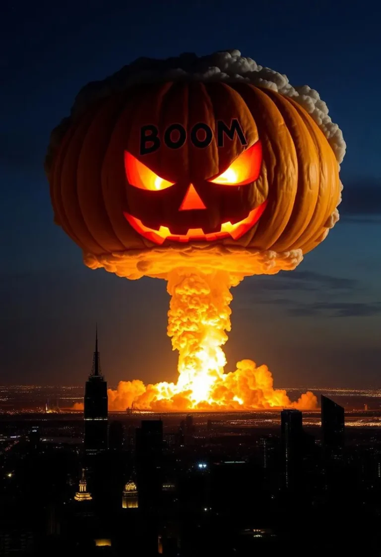 Nuclear explosion at night forms pumpkin-shaped mushroom cloud over city skyline.