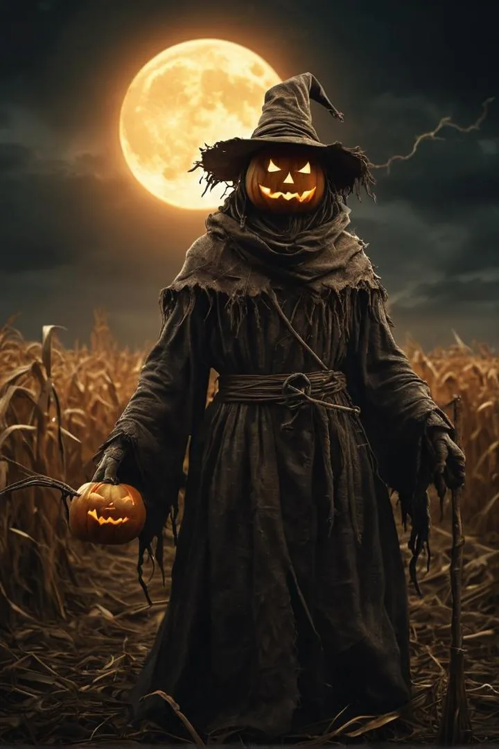 A pumpkin-headed scarecrow with a rusted pitchfork, glowing runes, and tattered robes in a moonlit cornfield.