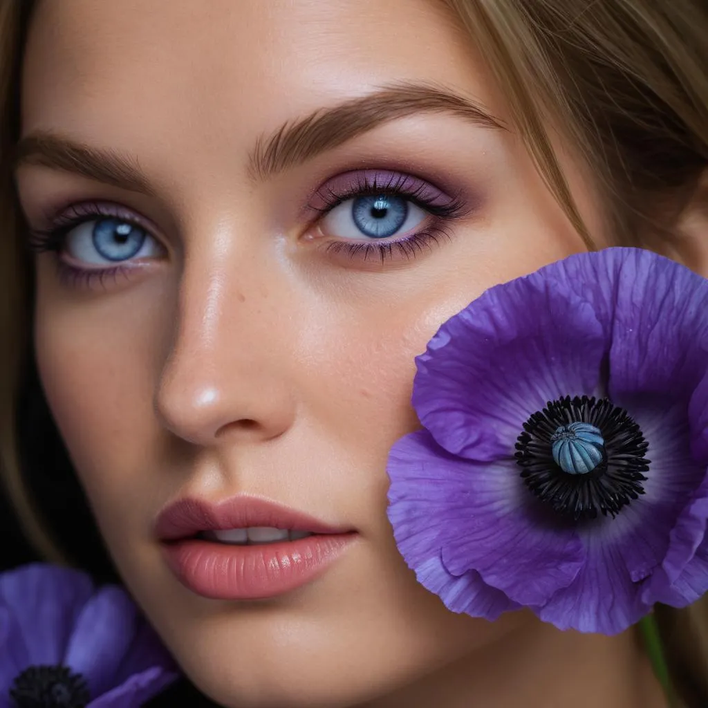 Close-up of a vibrant purple poppy next to a woman with bright blue eyes on a black background.