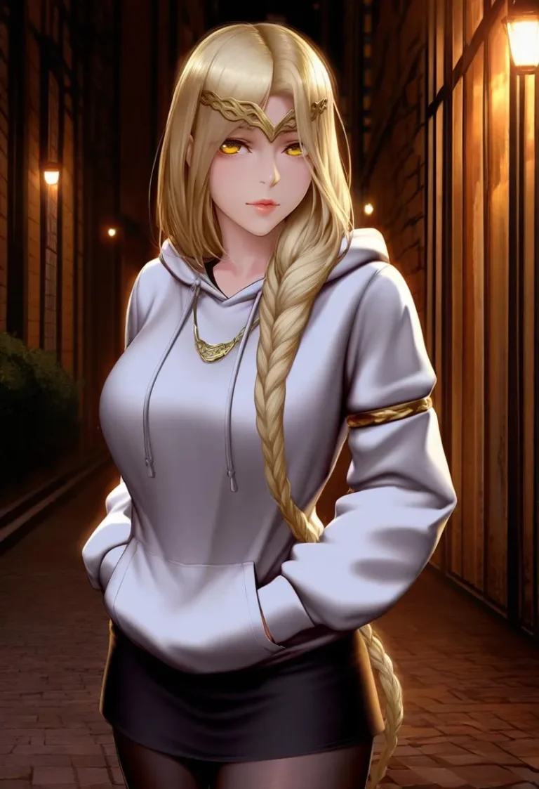 QueenMarika with yellow eyes in a white hoodie, enhanced by evening streetlights, wearing exquisite jewelry.