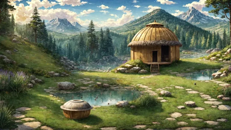 丸い木の小屋と円形の池がある、豊かな緑と山々に囲まれた静かなRPGスタイルのファンタジー風景。