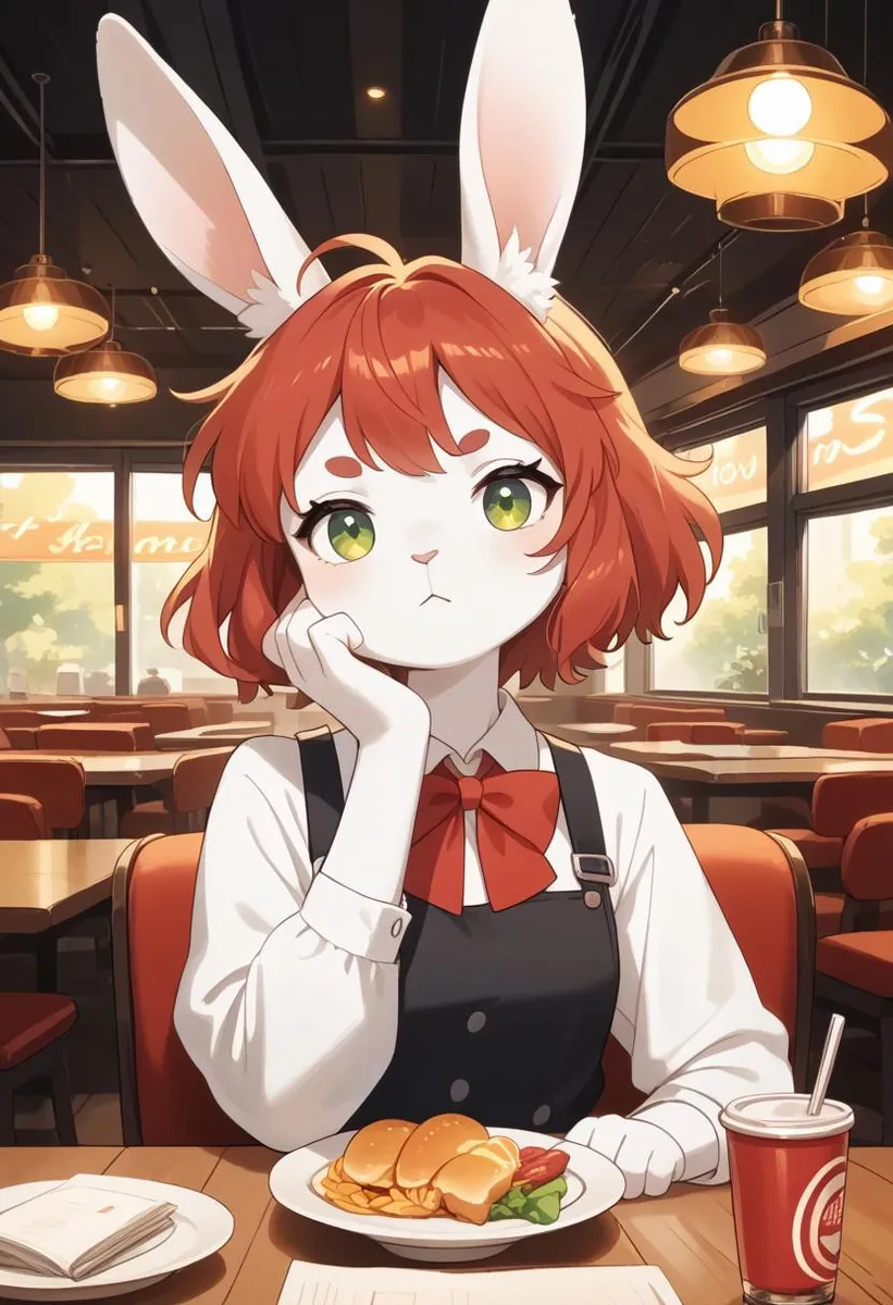 A rabbit woman with red hair and white ears, wearing a black dress with a red bow, sitting in a restaurant.