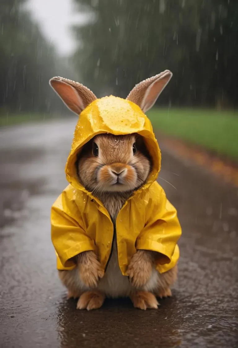 雨の日の歩道で黄色いレインコートと帽子をかぶったかわいい茶色のウサギ。