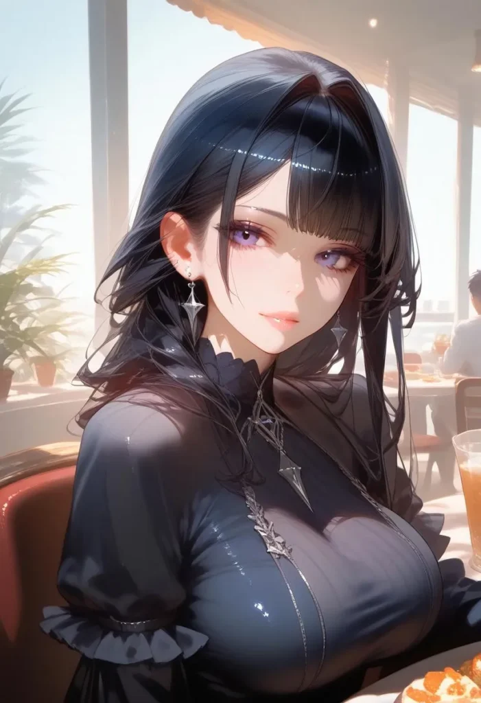 日光の差し込むカフェで黒髪の美しい少女がゴスドレスを着ています。