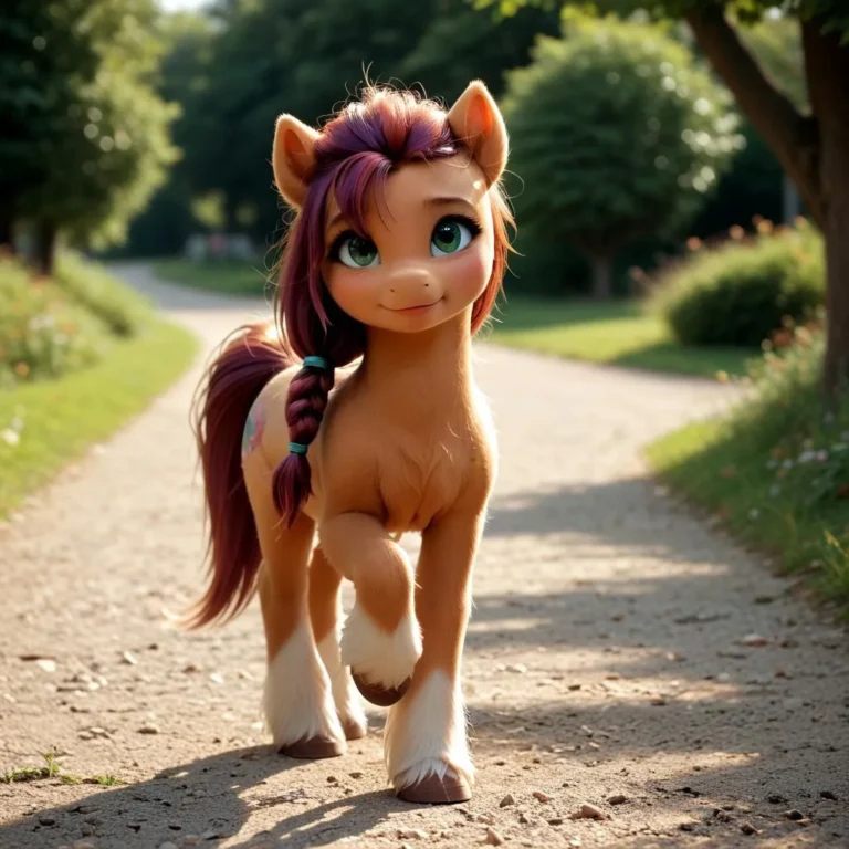 Realistic My Little Pony with intricate details and a soft, sunny setting.