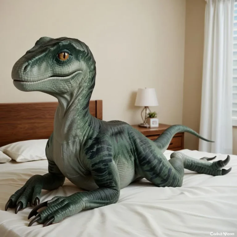 A realistic and detailed raptor with green scales and black stripes lying on a white bed, featuring detailed eyes and face.