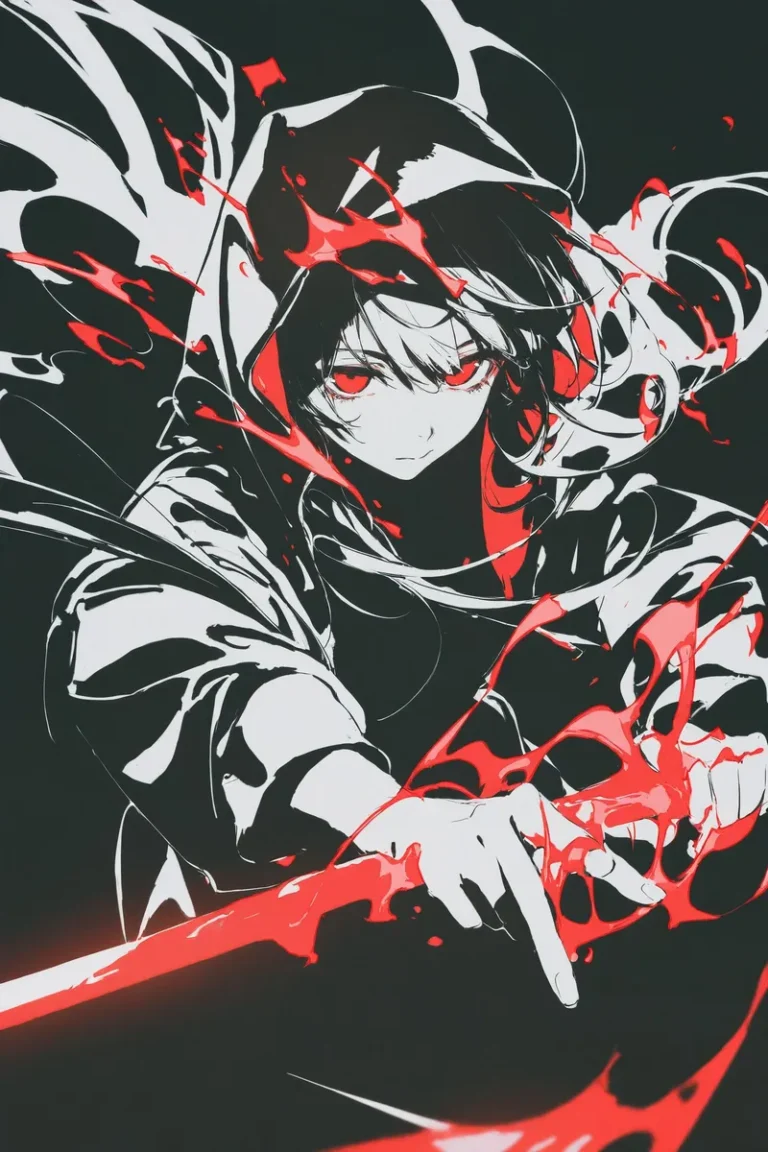 A hooded figure in dynamic monochrome wields a glowing red sword amidst colorful splashes, with intense red eyes and disheveled hair.