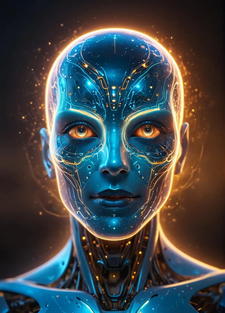 A close-up of a glowing robotic face with a digital interface, showcasing vibrant colors and detailed textures in a cinematic style.