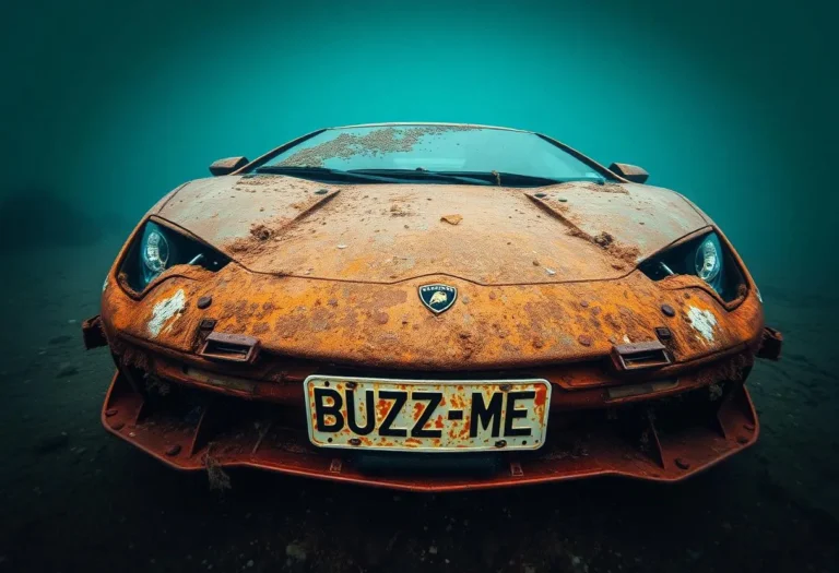 A rusted Lamborghini Temerario wreck with a 'BUZZ ME' plate submerged underwater, showcasing a post-apocalyptic look from the seabed view.