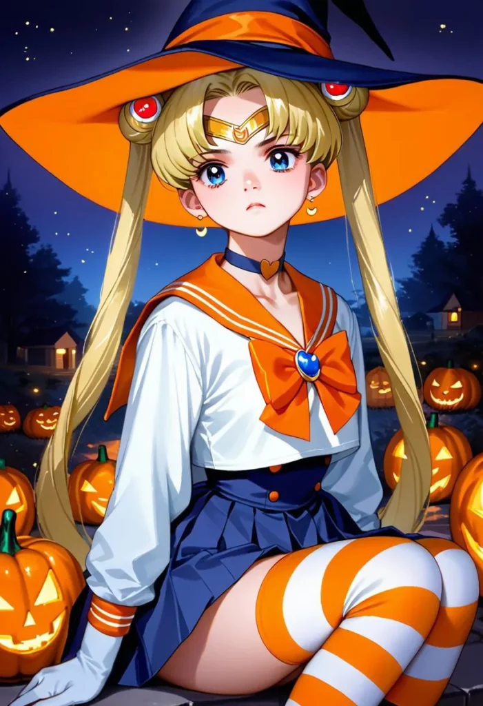 Sailor moon in a halloween witch costume with a night sky and pumpkins.