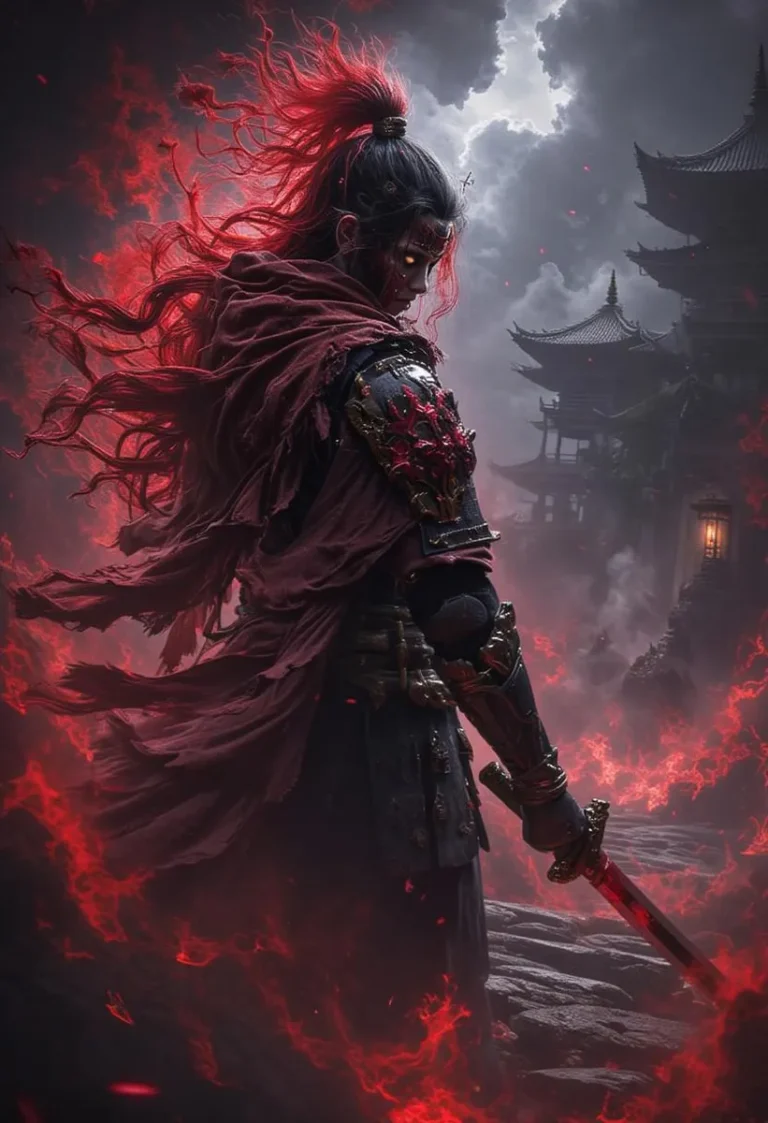 Samurai in red armor with fiery katana and toxic red hair, standing in a city at night with inversion colors.