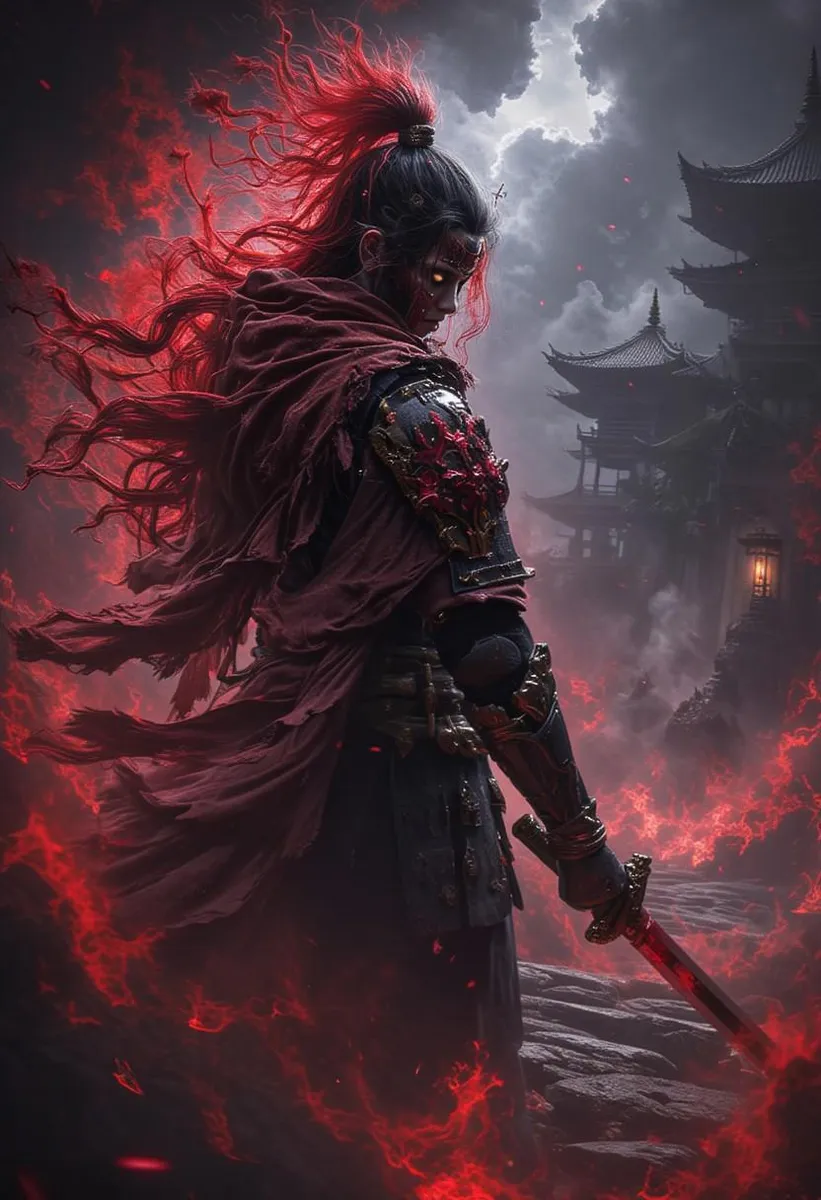 Samurai in red armor with fiery katana and toxic red hair, standing in a city at night with inversion colors.