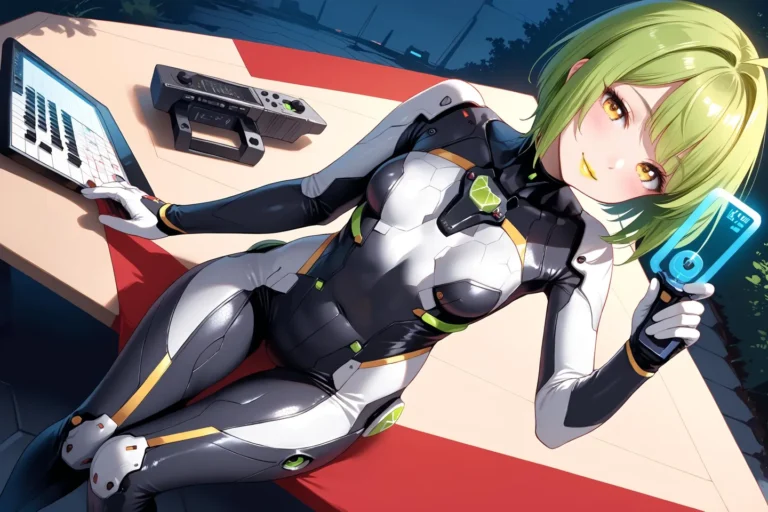 A sexy android with green hair holding a tool in a post-apocalyptic outdoor setting, wearing a sci-fi bodysuit, vibrant digital anime style.